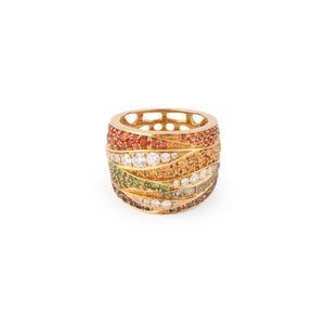 Bague bandeau or jaune entourée de pierres de couleurs