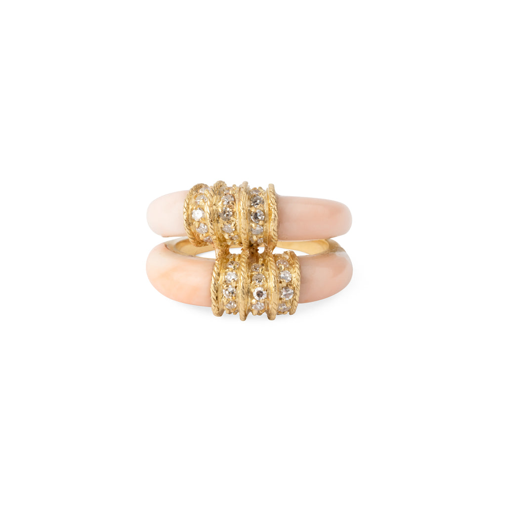 Bague double anneaux en corail peau d'ange sur or jaune