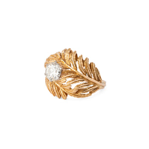 Bague en or jaune en forme de plume ornée d'un solitaire
