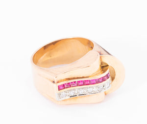 Bague tank en or rose,diamant et rubis  de synthèses