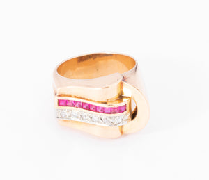Bague tank en or rose,diamant et rubis  de synthèses
