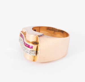 Bague tank en or rose,diamant et rubis  de synthèses