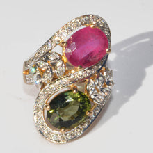 Charger l&#39;image dans la galerie, Bague cocktail toi et moi ,en or jaune et gris sertie de tourmalines
