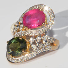 Charger l&#39;image dans la galerie, Bague cocktail toi et moi ,en or jaune et gris sertie de tourmalines
