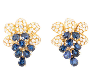 Paire de boucles d'oreilles or jaune saphirs et diamants