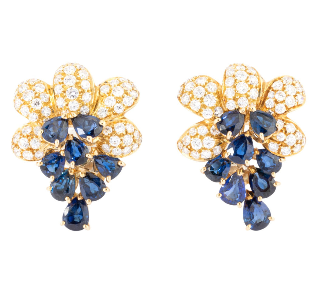 Paire de boucles d'oreilles or jaune saphirs et diamants